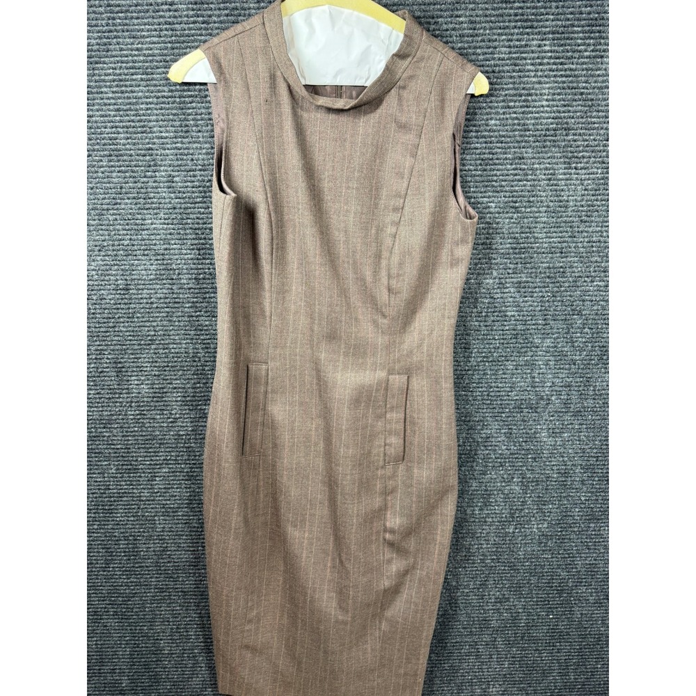 pendelton Brown Pinstripe Sleeveless Funnel Neck Sheath Dress Size 4 USA